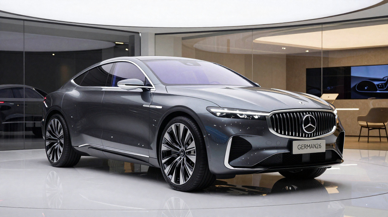 Carro Mercedes-Benz elétrico cinza elegante em exposição moderna com rodas grandes e design aerodinâmico.
