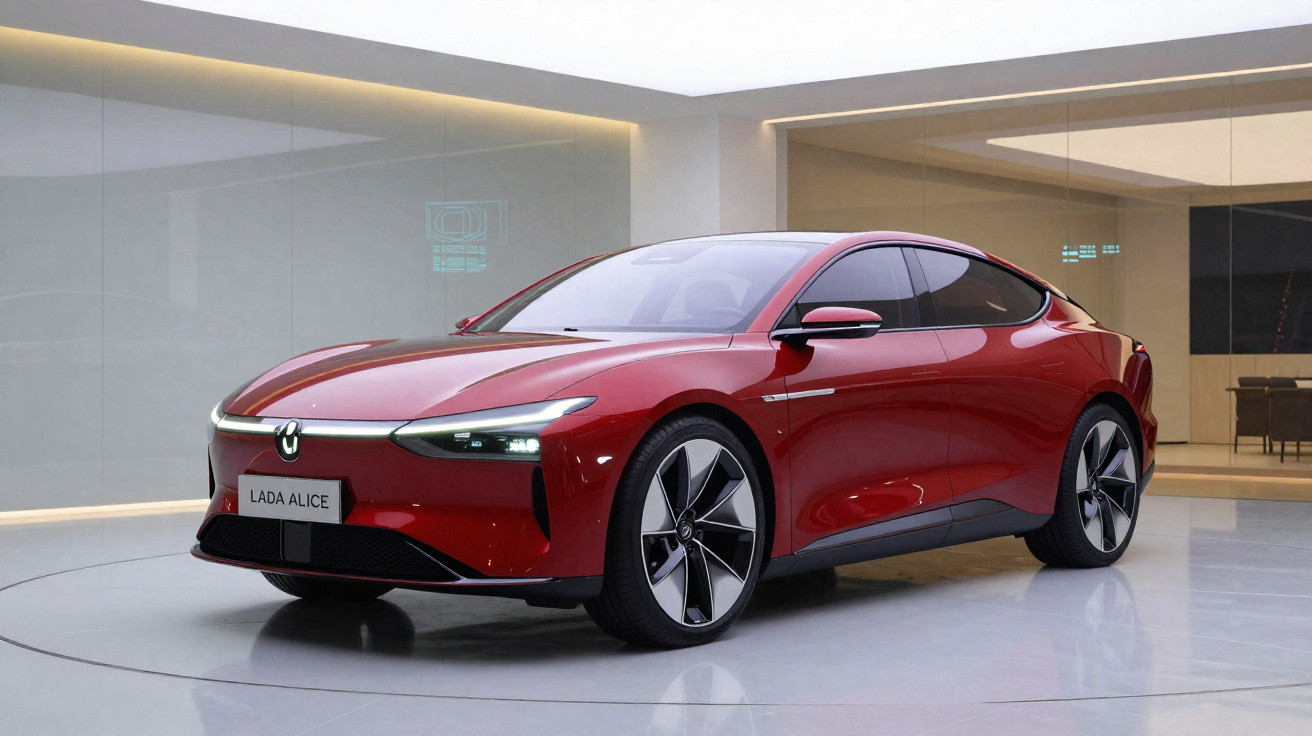 Carro elétrico esportivo vermelho Lada Alice em exposição em ambiente moderno e iluminado.