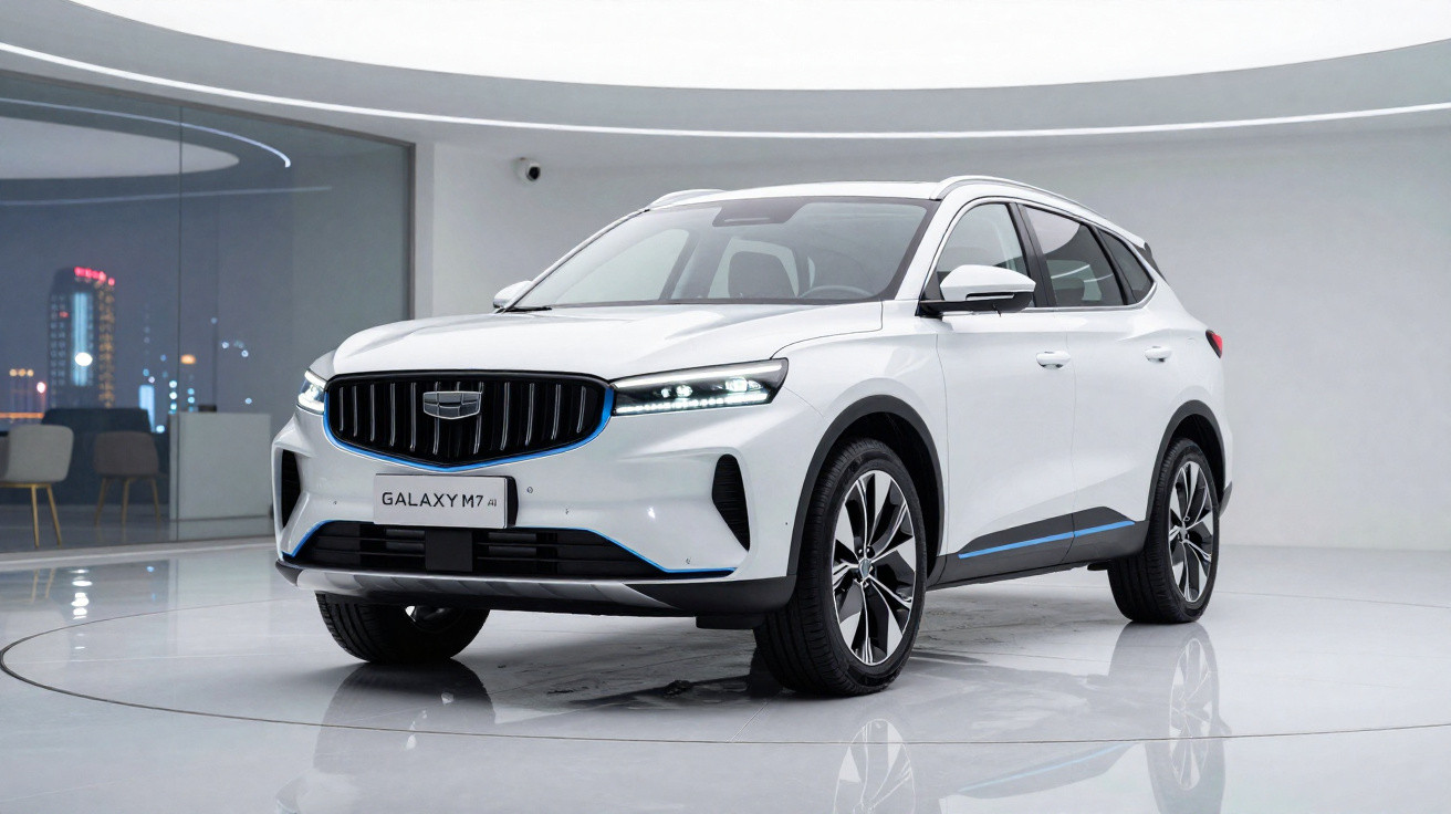 SUV branco moderno em showroom com luzes de LED dianteiras acesas e design aerodinâmico.
