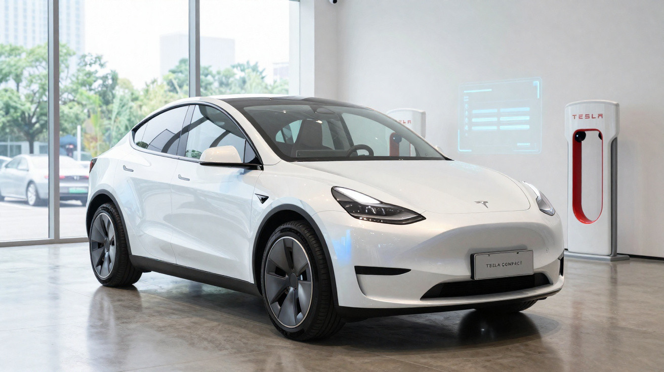 Carro elétrico branco Tesla Model Y estacionado em showroom com carregador de parede ao fundo.