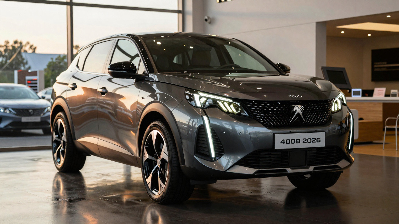 SUV Peugeot 4008 2026 cinza exibido em salão de automóveis com iluminação moderna