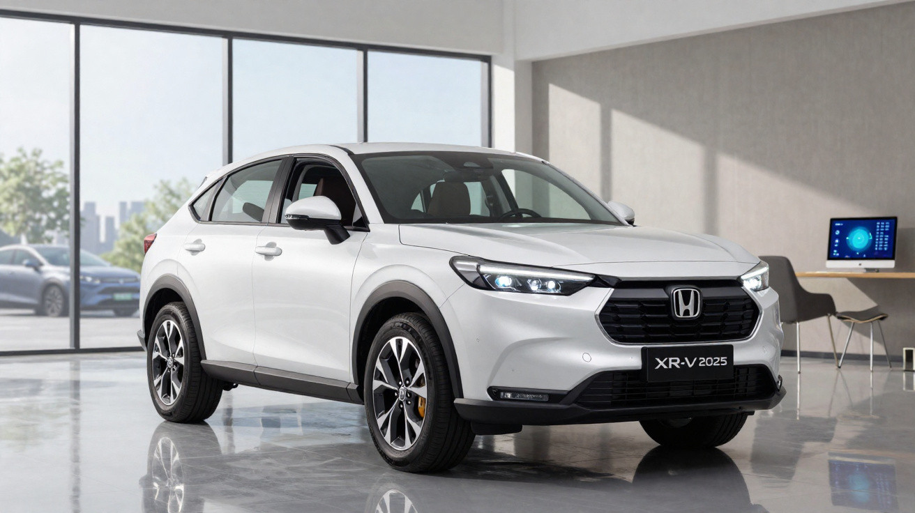 Honda XR-V 2025 branco exibido em sala com janela grande e mesa com computador ao fundo.
