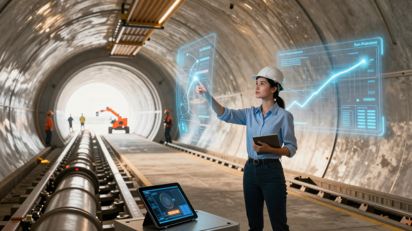 Engenheira com capacete interage com interface holográfica em túnel de construção de estação ferroviária.
