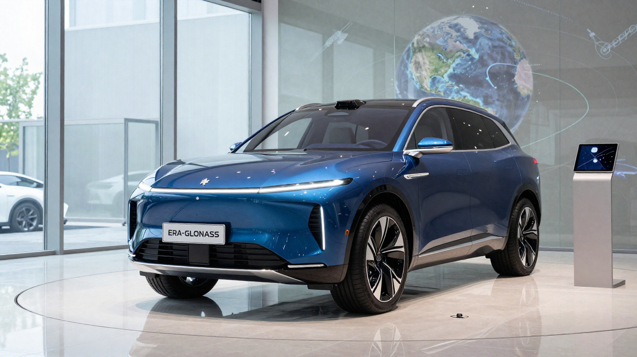 Carro elétrico SUV azul em exposição com painel digital e projeção do planeta Terra ao fundo.
