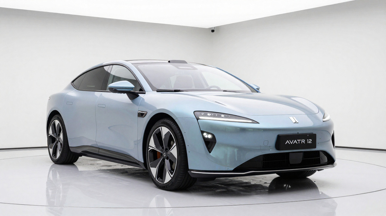 Carro elétrico cinza-azulado Avatr 12 em estúdio branco com design moderno e elegante.