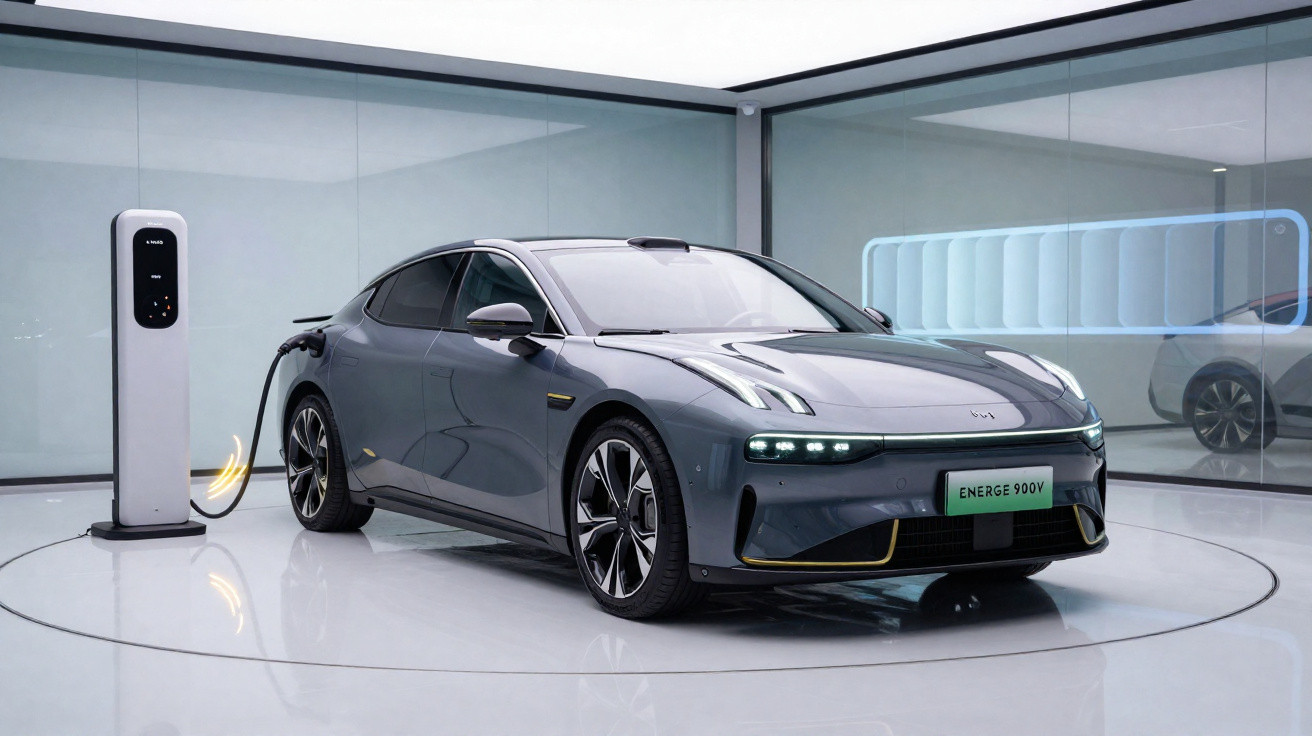 Carro elétrico cinza escuro em carregador dentro de sala moderna com piso e paredes brancas.