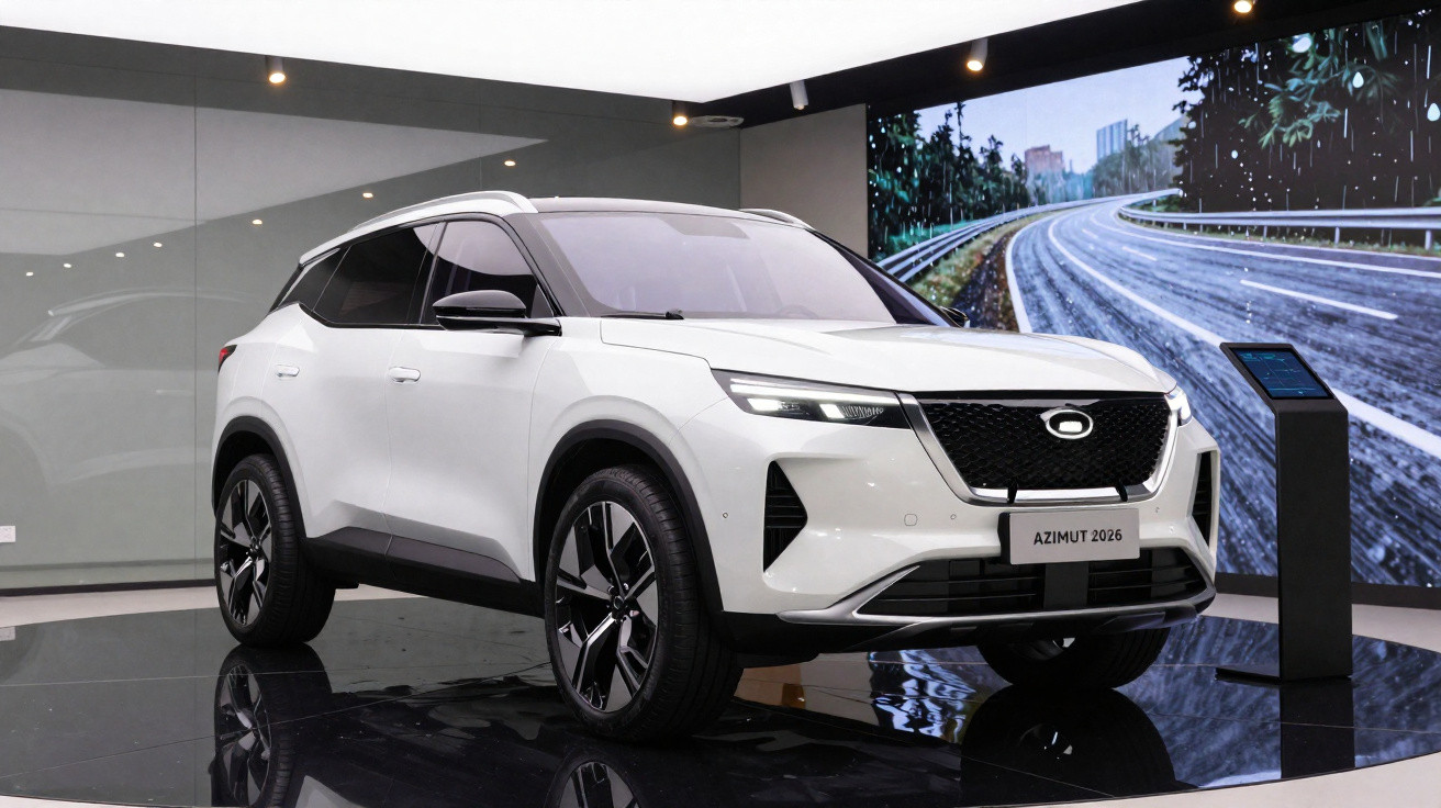 SUV branco e moderno em exposição interna, modelo Azimut 2026, com rodas pretas e detalhes em cinza.