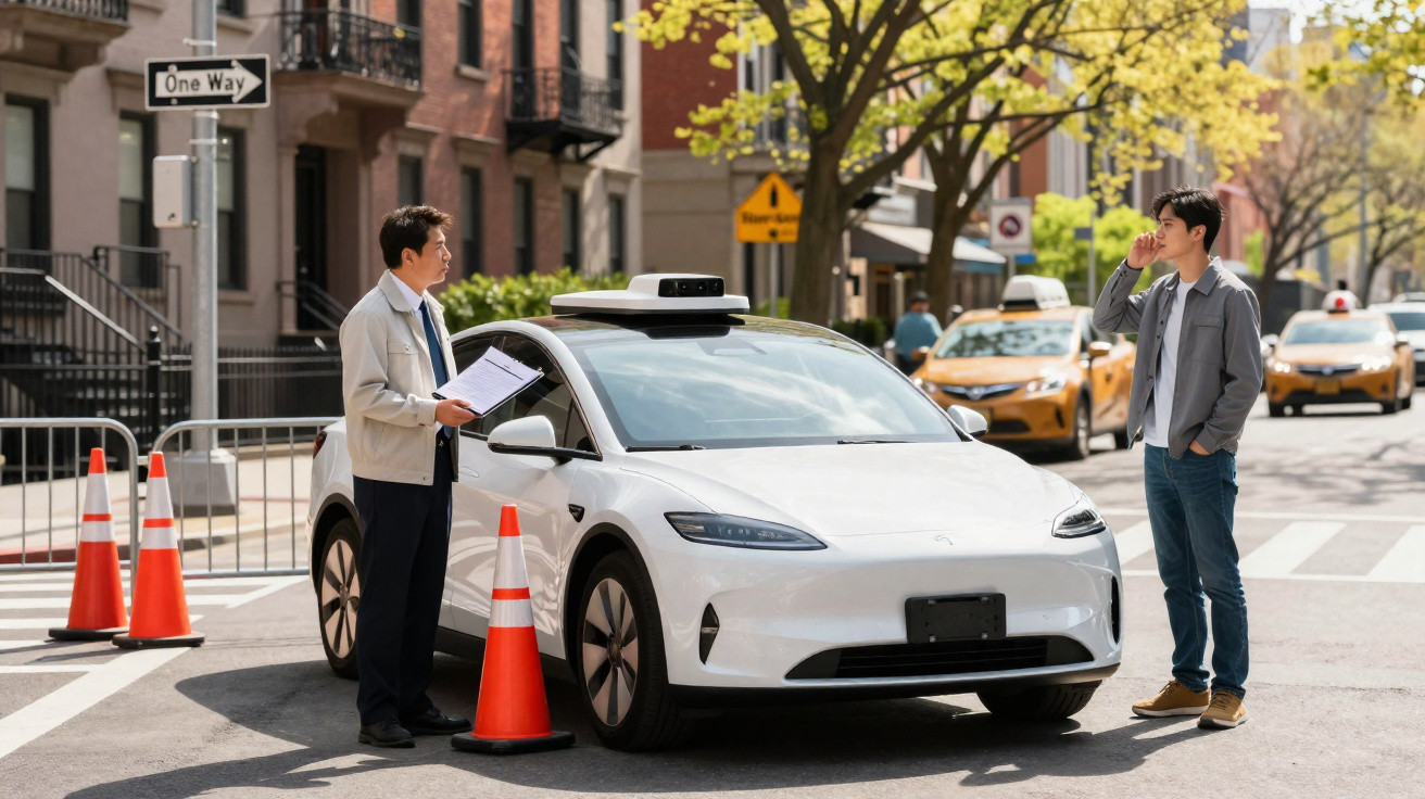 Homem testa carro autônomo branco em rua urbana com cones e outros táxis amarelos ao fundo.