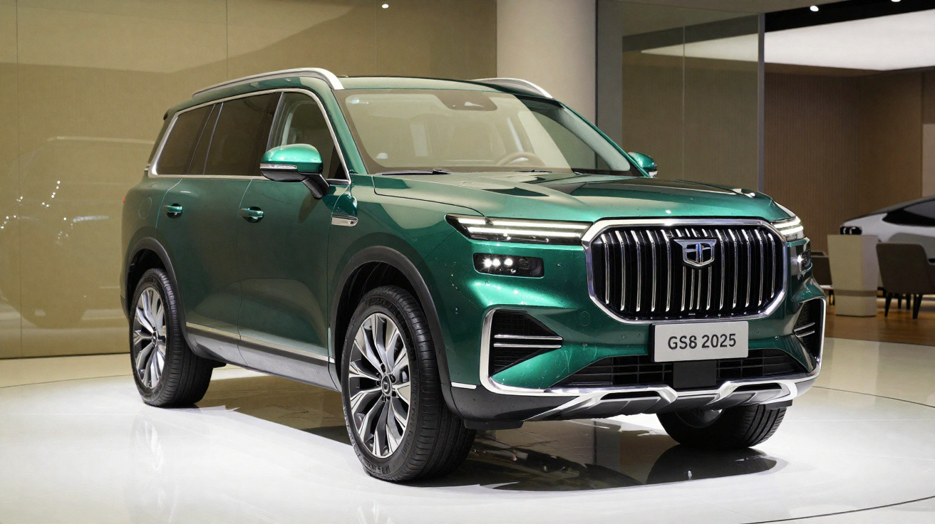 SUV verde metálico Geely GS8 2025 em exposição, com design moderno e faróis LED duplos.