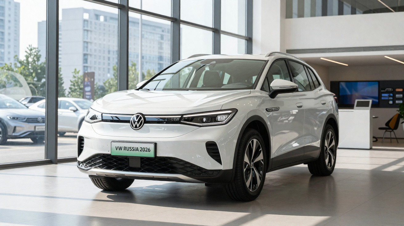Carro elétrico branco Volkswagen exposto em showroom moderno com grandes janelas e luz natural.