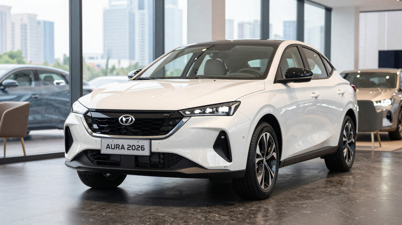 Carro branco modelo Aura 2026 em exposição interna com janelas grandes e vista de prédios ao fundo.