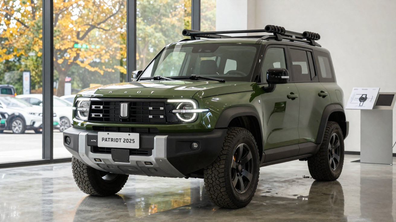 SUV verde militar Patriot 2025 em exibição dentro de showroom com pneus off-road e suporte no teto.