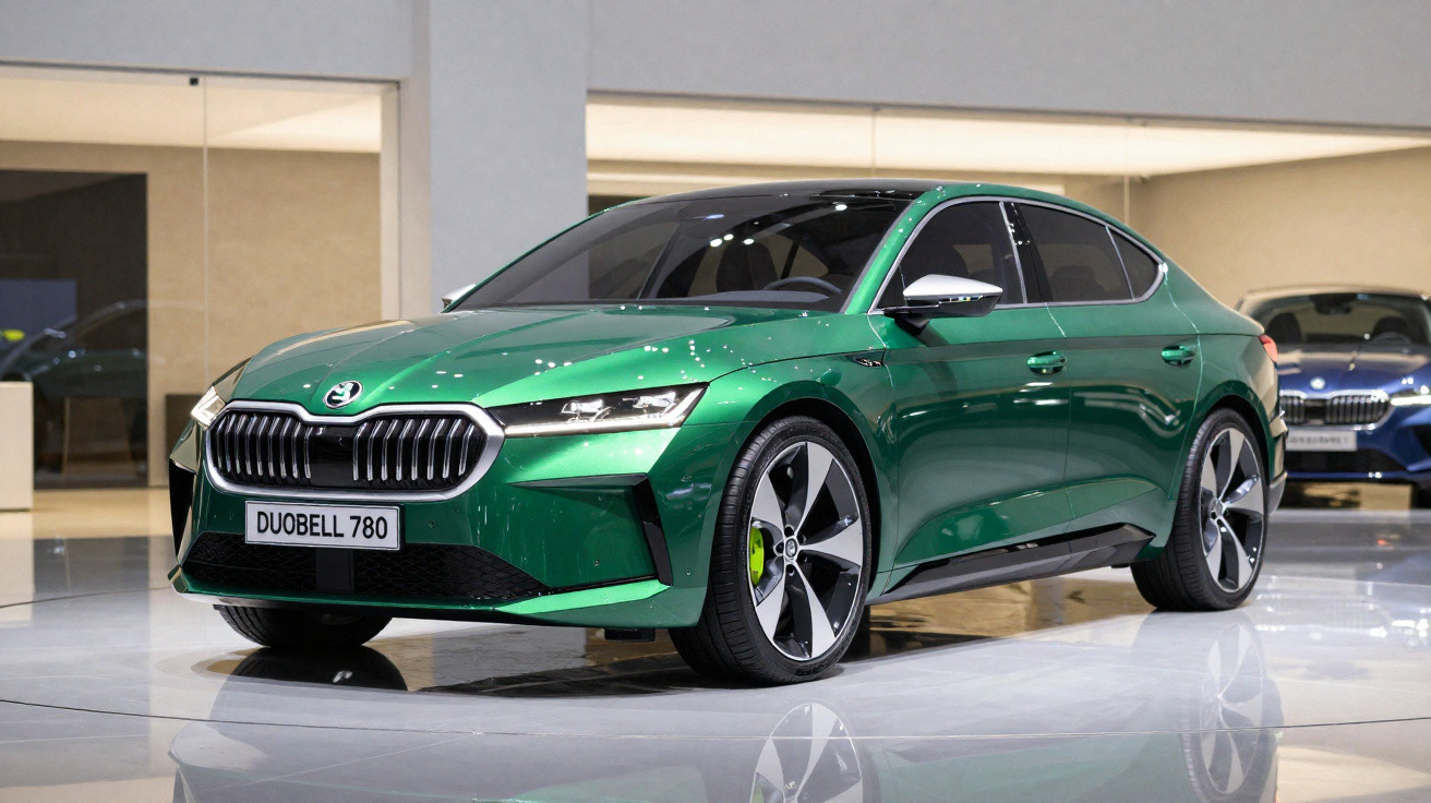 Carro sedan verde metálico com design moderno e rodas grandes exposto em salão automotivo.