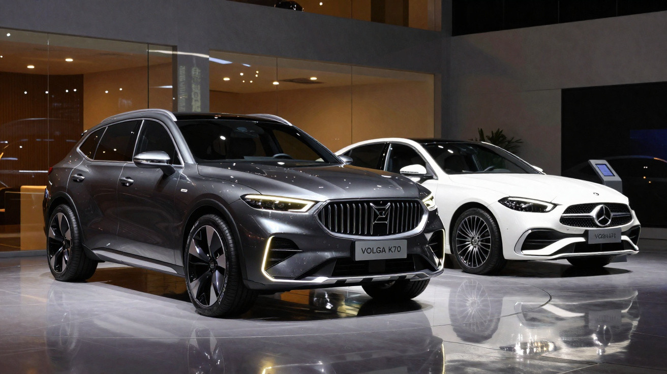 Dois carros estacionados em salão, Volga K70 cinza e Mercedes-Benz branco.