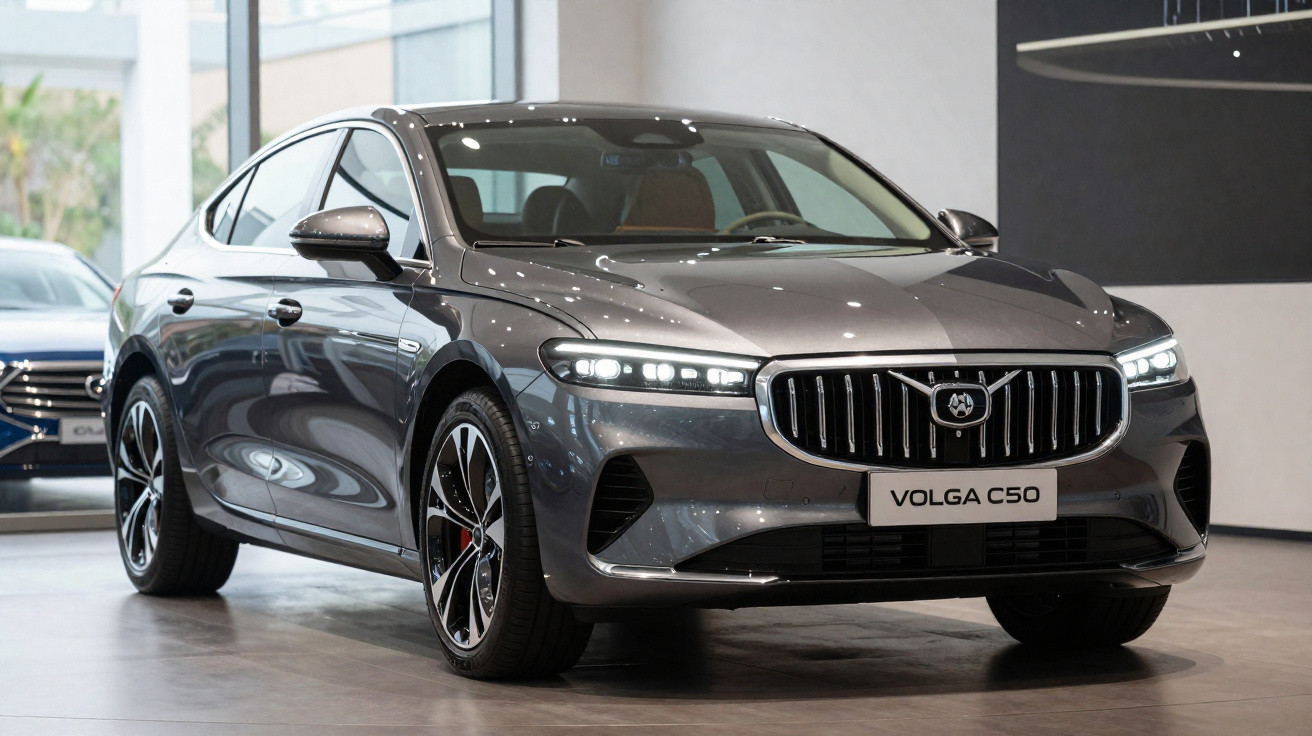 Carro cinza escuro Volga C50 em showroom com faróis acesos e design moderno e elegante.