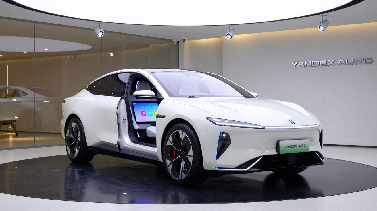 Carro elétrico branco com porta aberta exibindo tela interna em showroom da Yandex Auto.