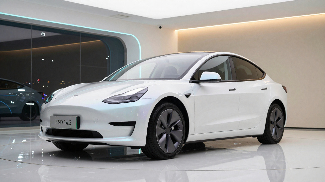 Carro elétrico branco Tesla Model 3 estacionado em ambiente interno moderno e iluminado.