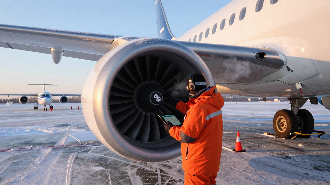 Técnico com roupa laranja inspeciona motor de avião em pista coberta de gelo ao amanhecer.
