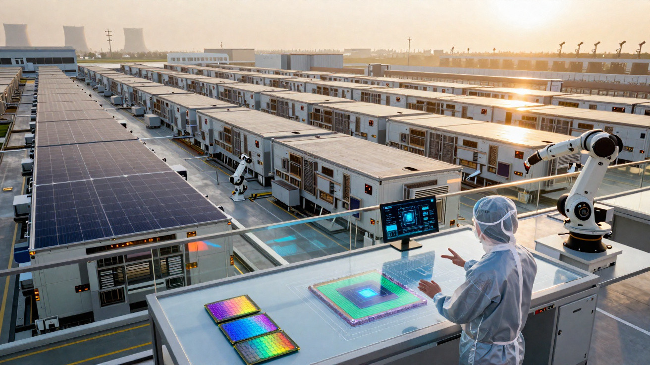 Instalação industrial futurista com painéis solares, robô e técnico em roupa protetora analisando chip digital.