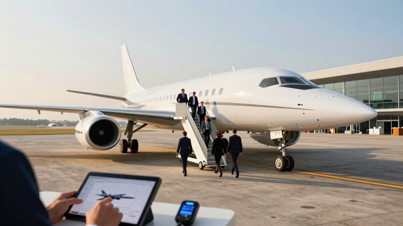 Executivos descendo de avião particular branco em aeródromo com pessoa usando tablet em primeiro plano.