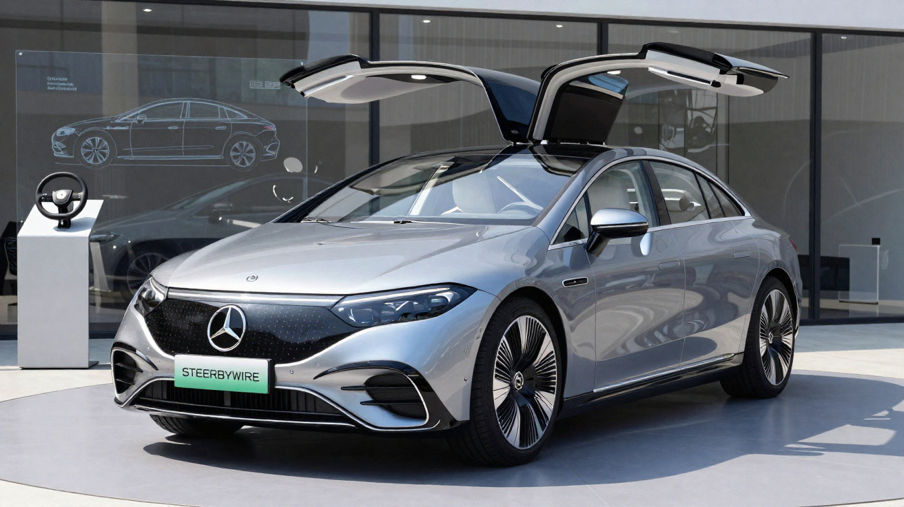 Carro elétrico Mercedes-Benz prata com portas tipo gaivota aberto em exposição interna.