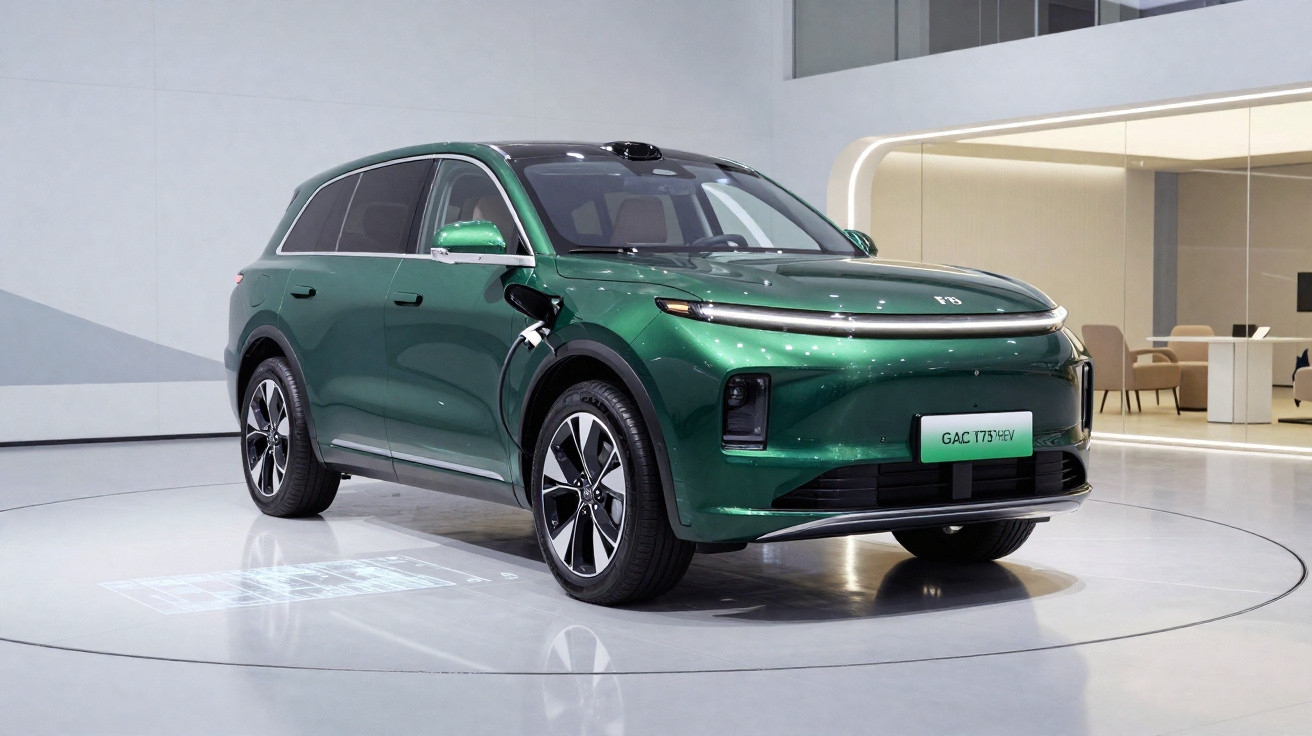 Carro SUV elétrico verde GAC estilo moderno exposto em ambiente interno branco e minimalista.