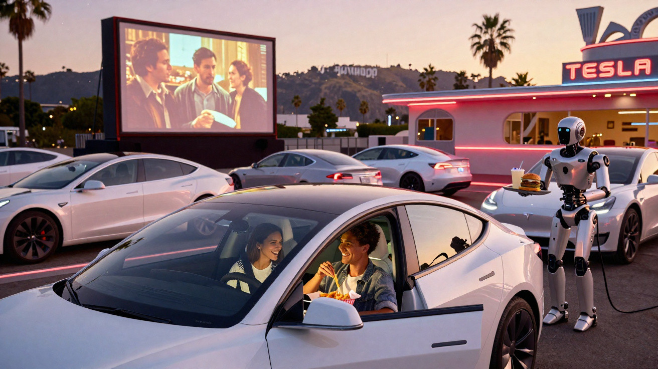 Casal assistindo a cinema drive-in enquanto robô serve comida próximo a carros Tesla ao entardecer.