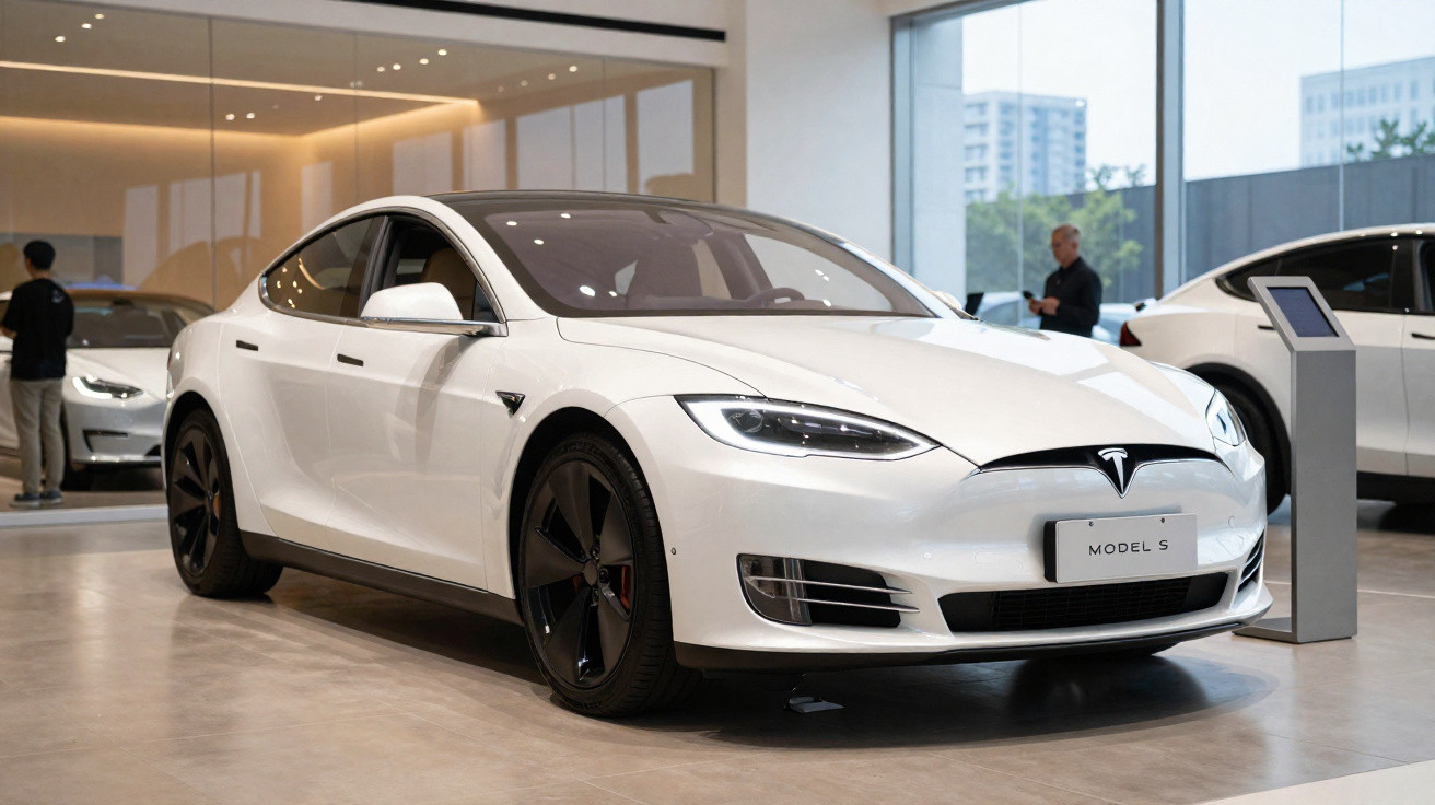 Carro elétrico branco Tesla Model S exibido em showroom moderno com pessoas ao fundo.