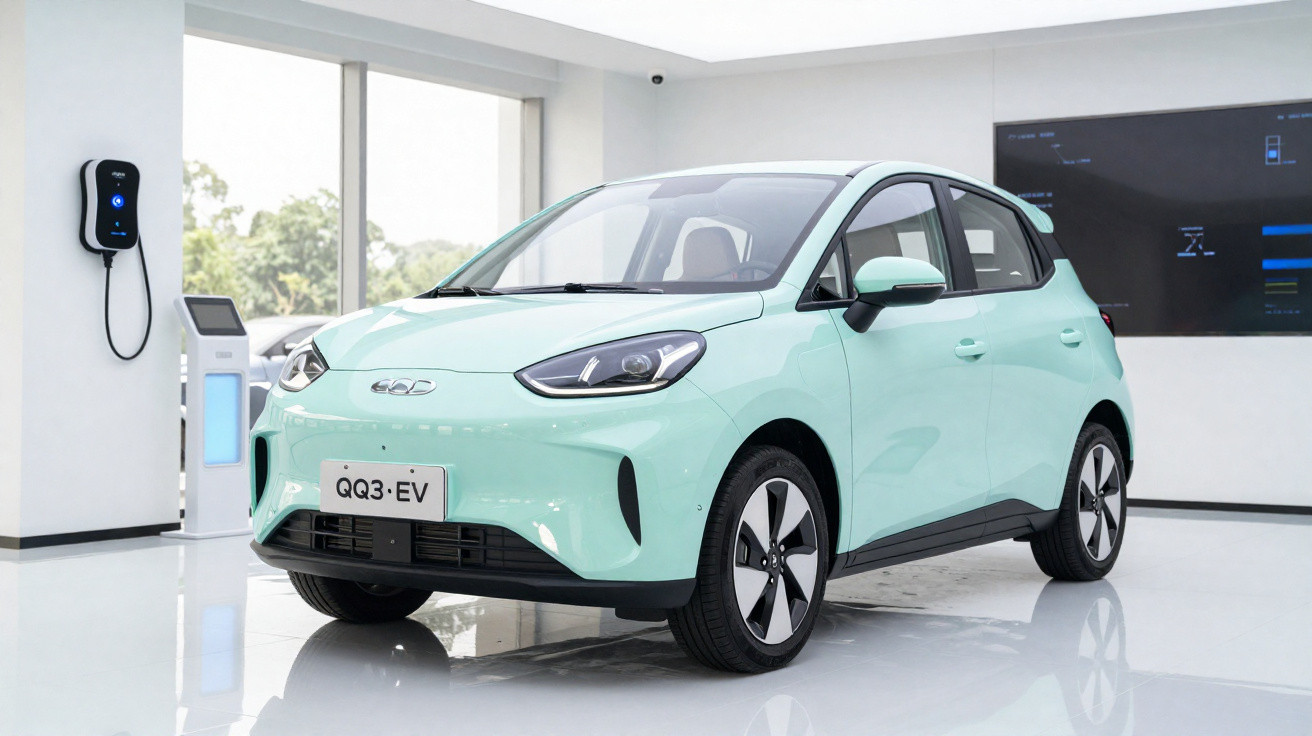 Carro elétrico verde água modelo QQ3-EV estacionado em showroom branco com carregador na parede.