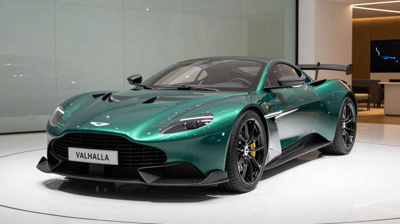 Carro esportivo verde metálico Aston Martin Valhalla em exposição interna moderna.