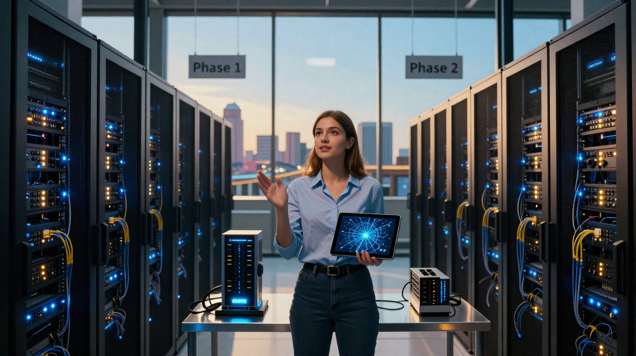 Mulher segurando tablet em sala de servidores com luzes azuis, demonstrando tecnologia em data center moderno.