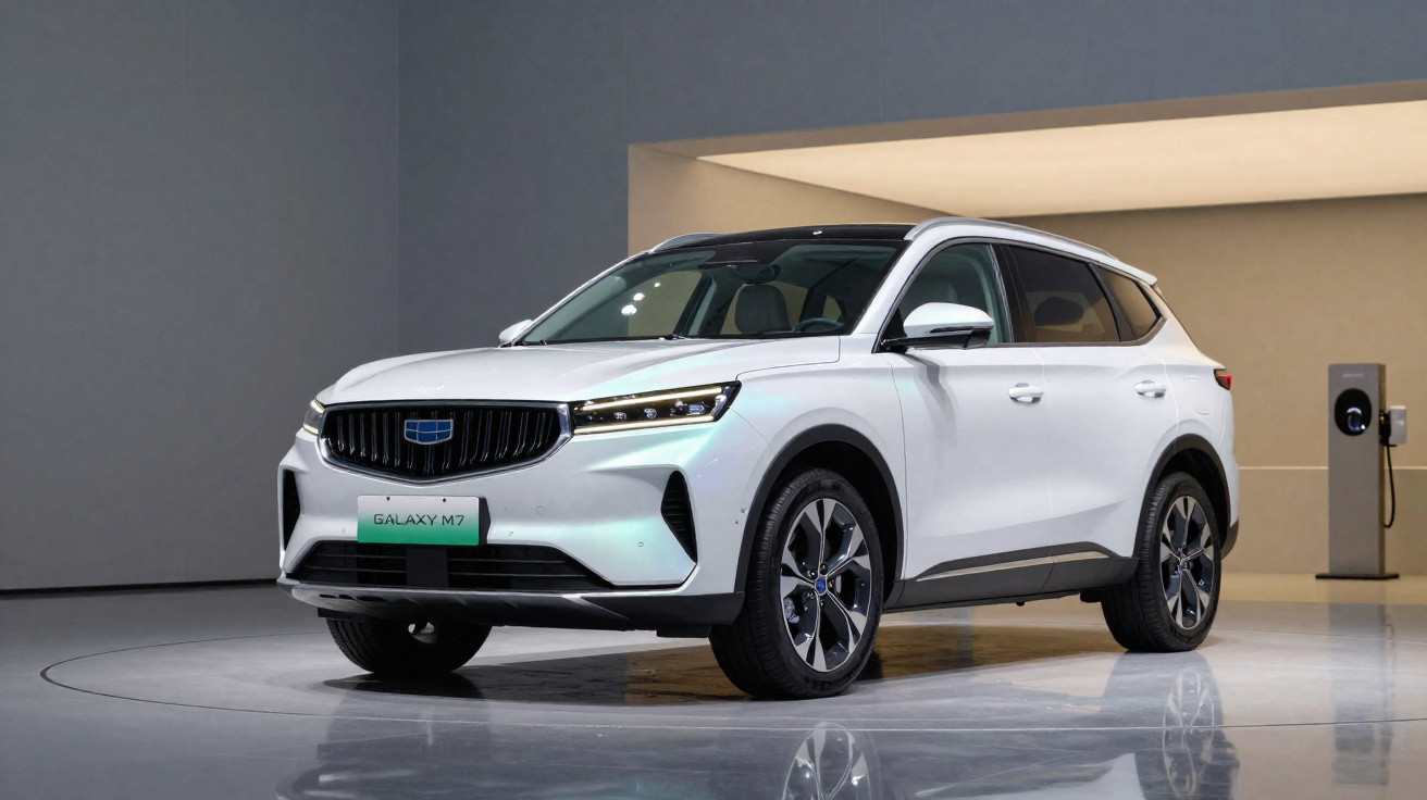 SUV branco elétrico Geely Galaxy M7 estacionado em ambiente interno moderno com carregador elétrico ao fundo.