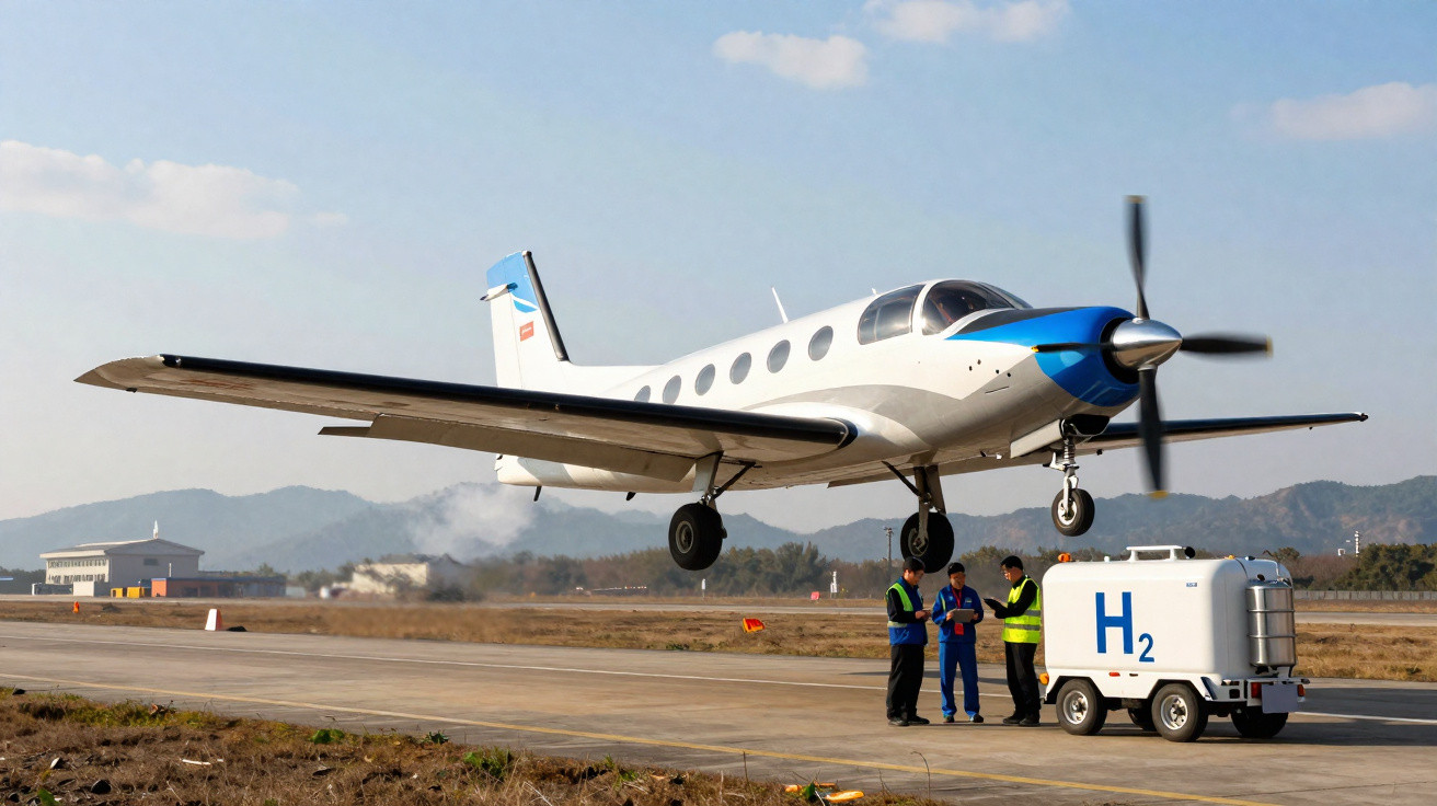 Avião pequeno decolando próximo a carrinho com tanque de hidrogênio e três pessoas em pista.