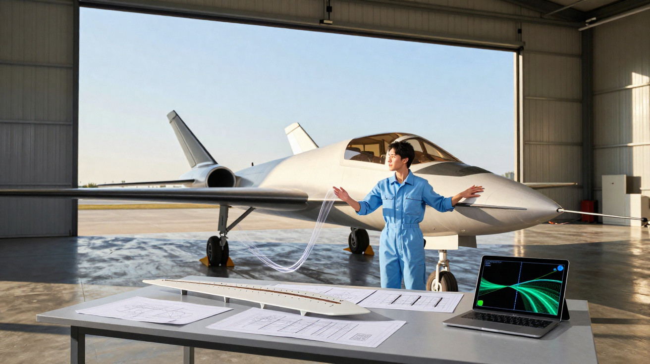 Mulher em macacão azul em hangar com avião moderno, mesa com planta e laptop com gráficos aerodinâmicos.