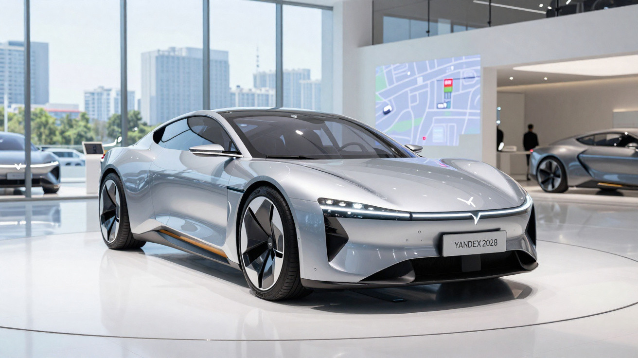 Carro esportivo elétrico cinza prateado exposto em showroom moderno com vidro e edifícios ao fundo.