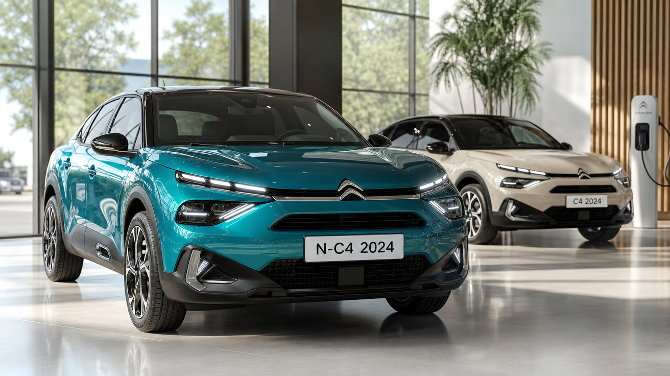 Dois carros Citroën 2024 em exibição, um verde e outro branco, em ambiente interno moderno com luz natural.