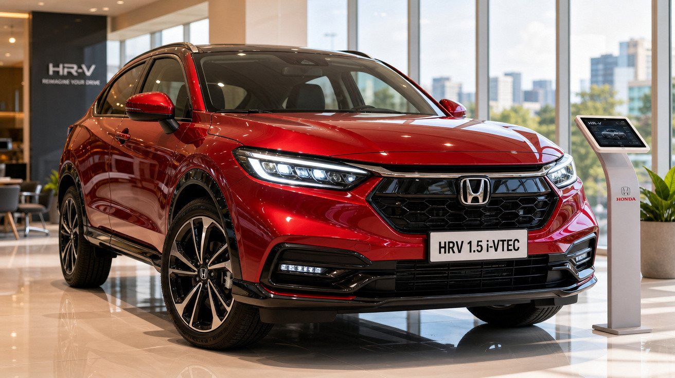 Carro vermelho Honda HR-V 1.5 i-VTEC em showroom moderno com iluminação natural e piso brilhante.