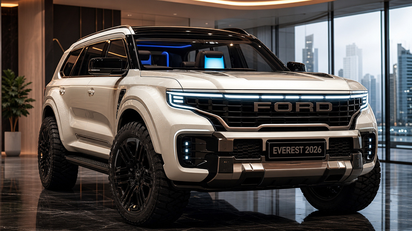 SUV Ford Everest 2026 branco estacionado em salão moderno com iluminação azul no interior.