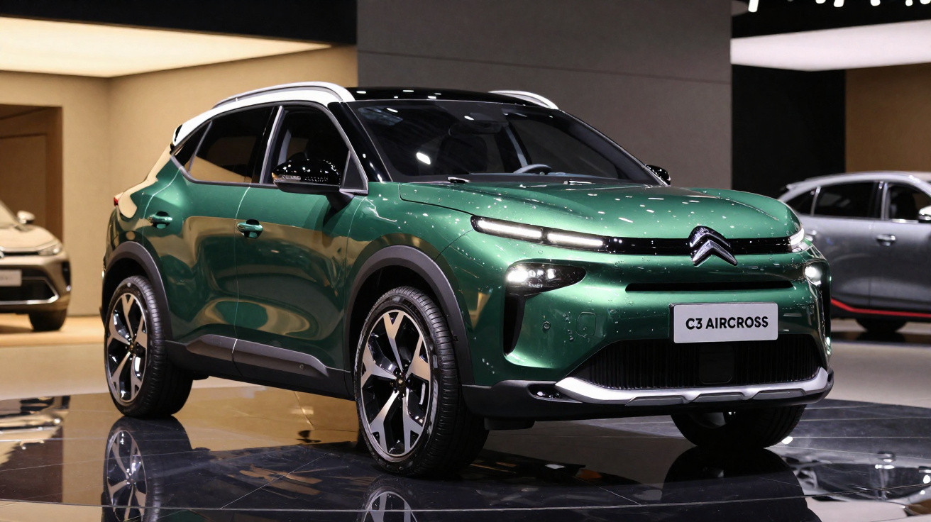 Carro SUV verde Citroën C3 Aircross em exposição com luzes acesas e ambiente moderno.